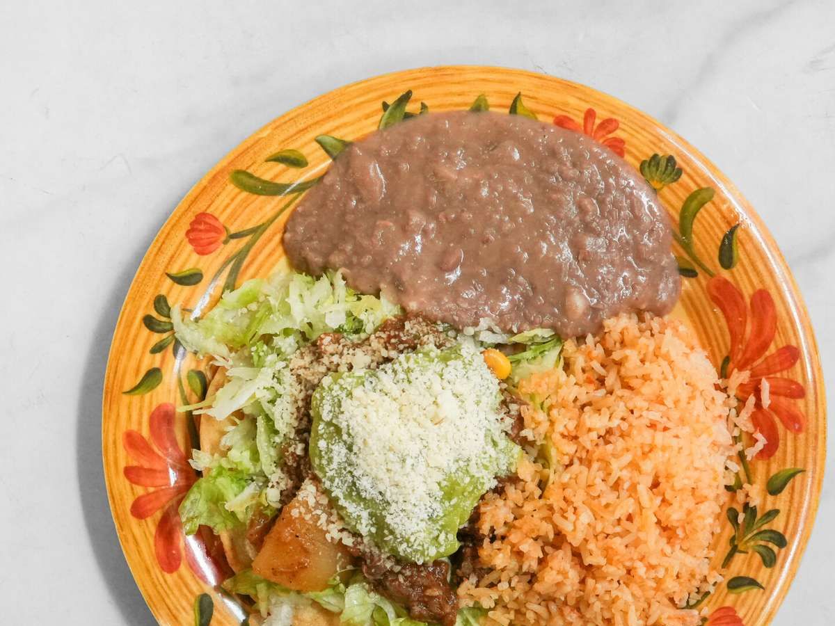 #1 Picadillo Tostada, Rice & Beans