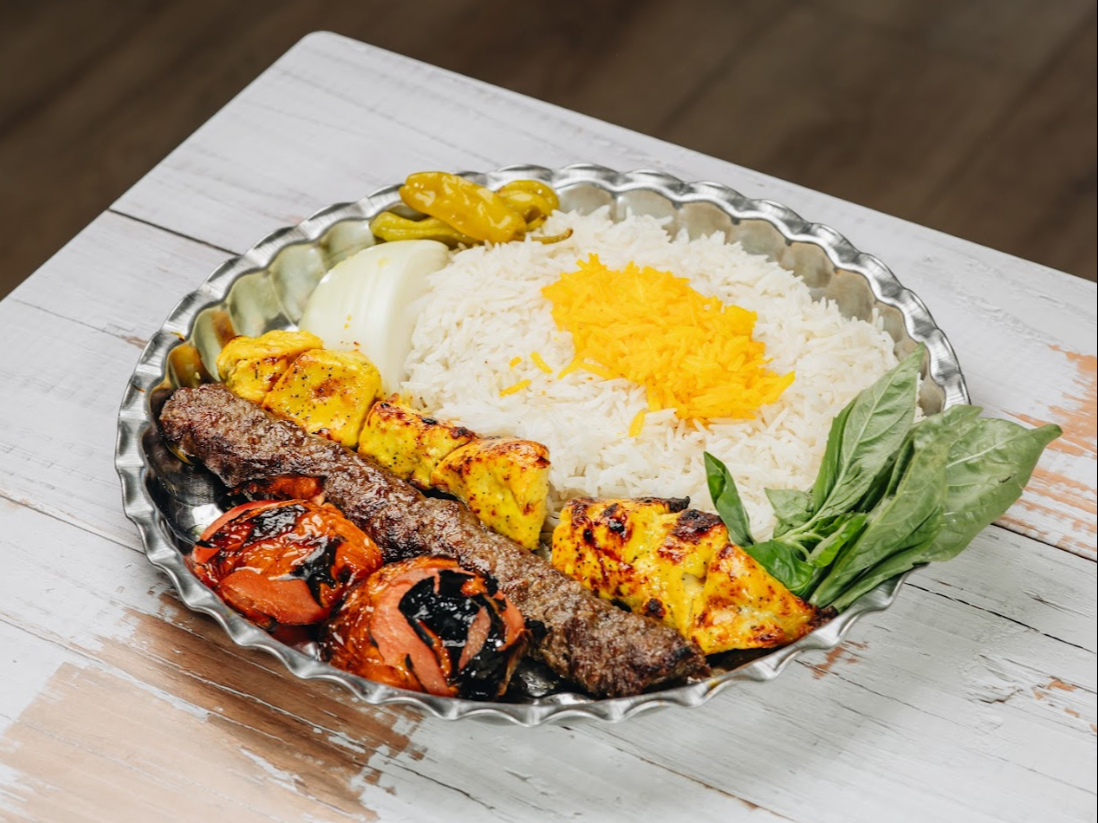 Mixed Plate (2 Proteins, Rice, Pickled Turnips & Pickles, MidEast Salad, Hummus & Bread)