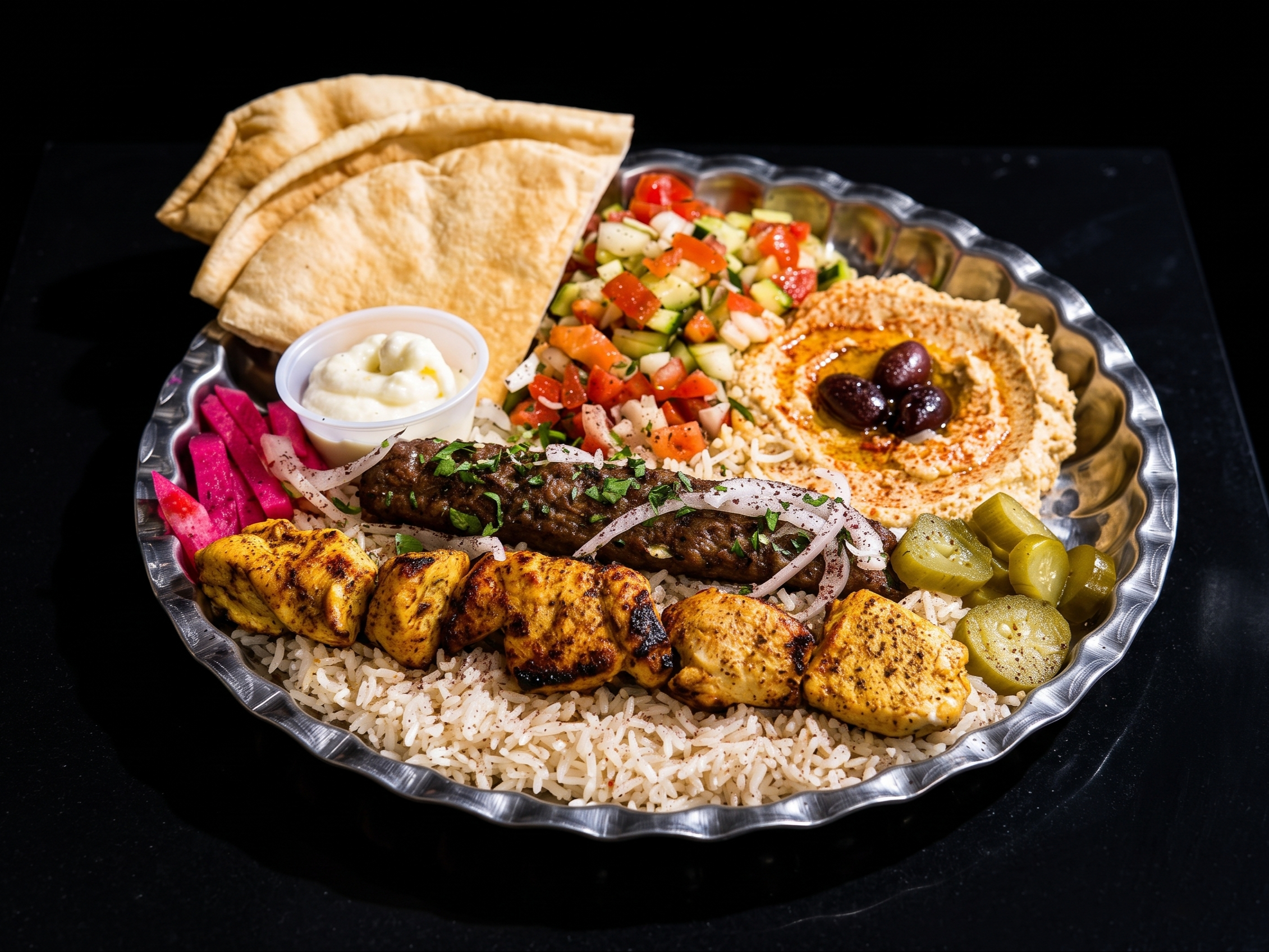 Mixed Plate (2 Proteins, Rice, Pickled Turnips & Pickles, MidEast Salad, Hummus & Bread).