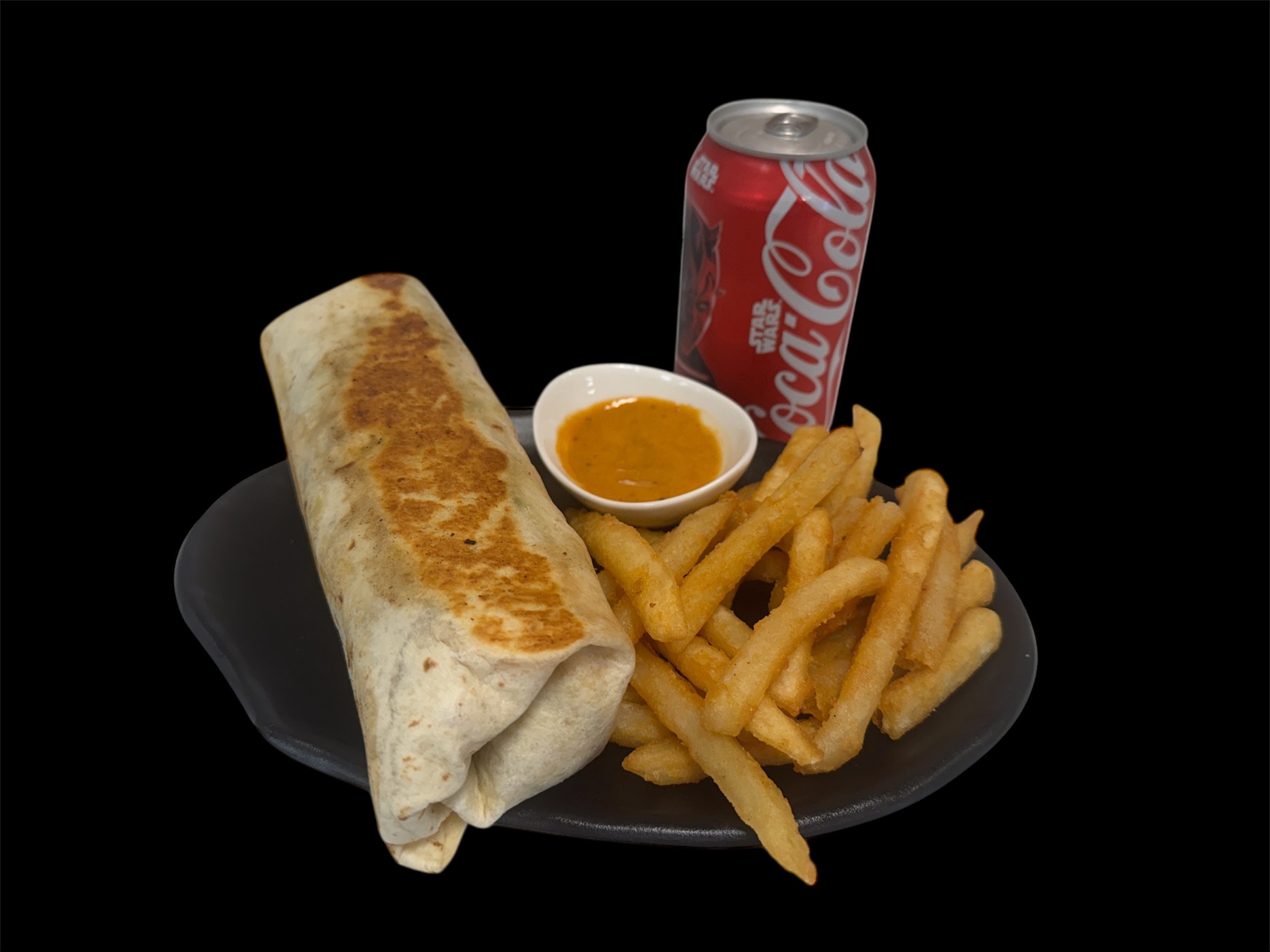 Loaded Shawarma With Fries & 12oz Soda Can ( Beef, Chicken, Fries, Lettuce,Onion, Tomato, Pepper, Sharjah Sauce).