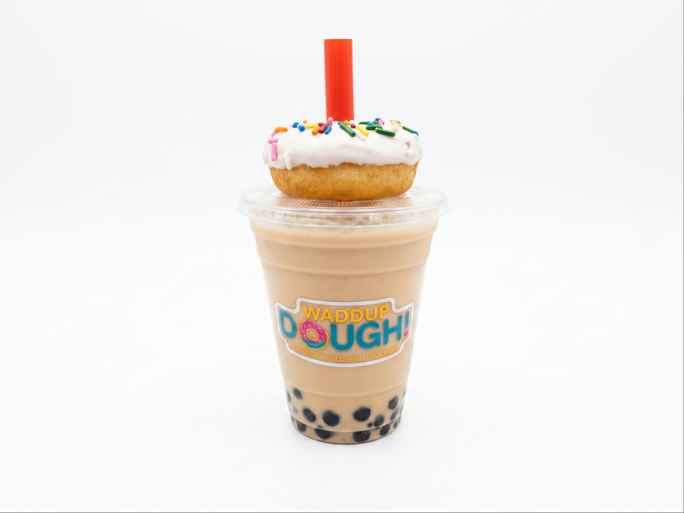 Black Milk Tea Shake w/ Boba + Donut.