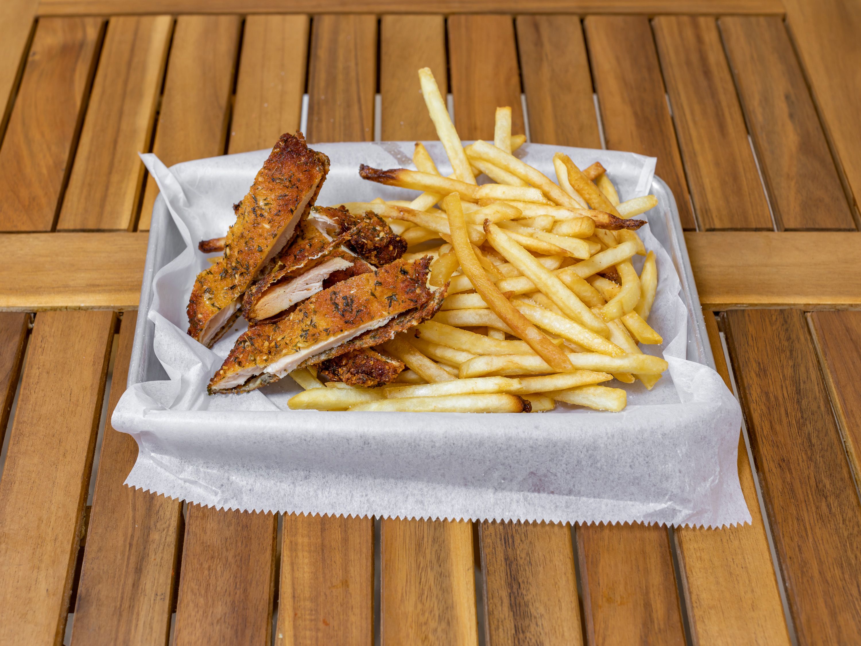 Kids Chicken Schnitzel & Fries.
