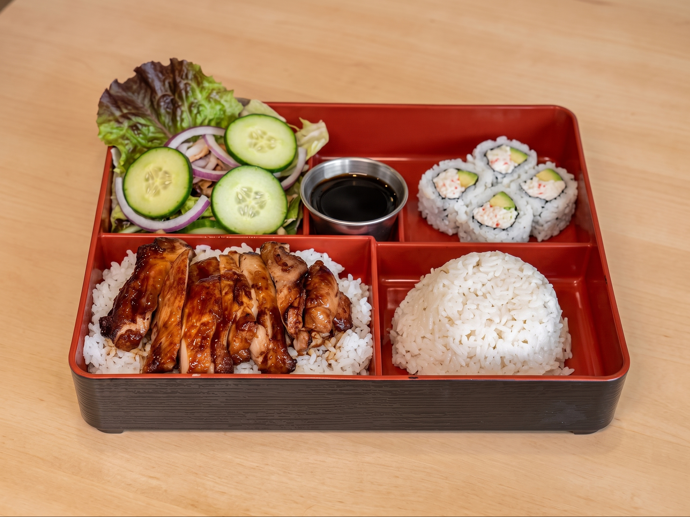 Lunch Teriyaki Chicken Bento Box, Spicy Tuna Roll.