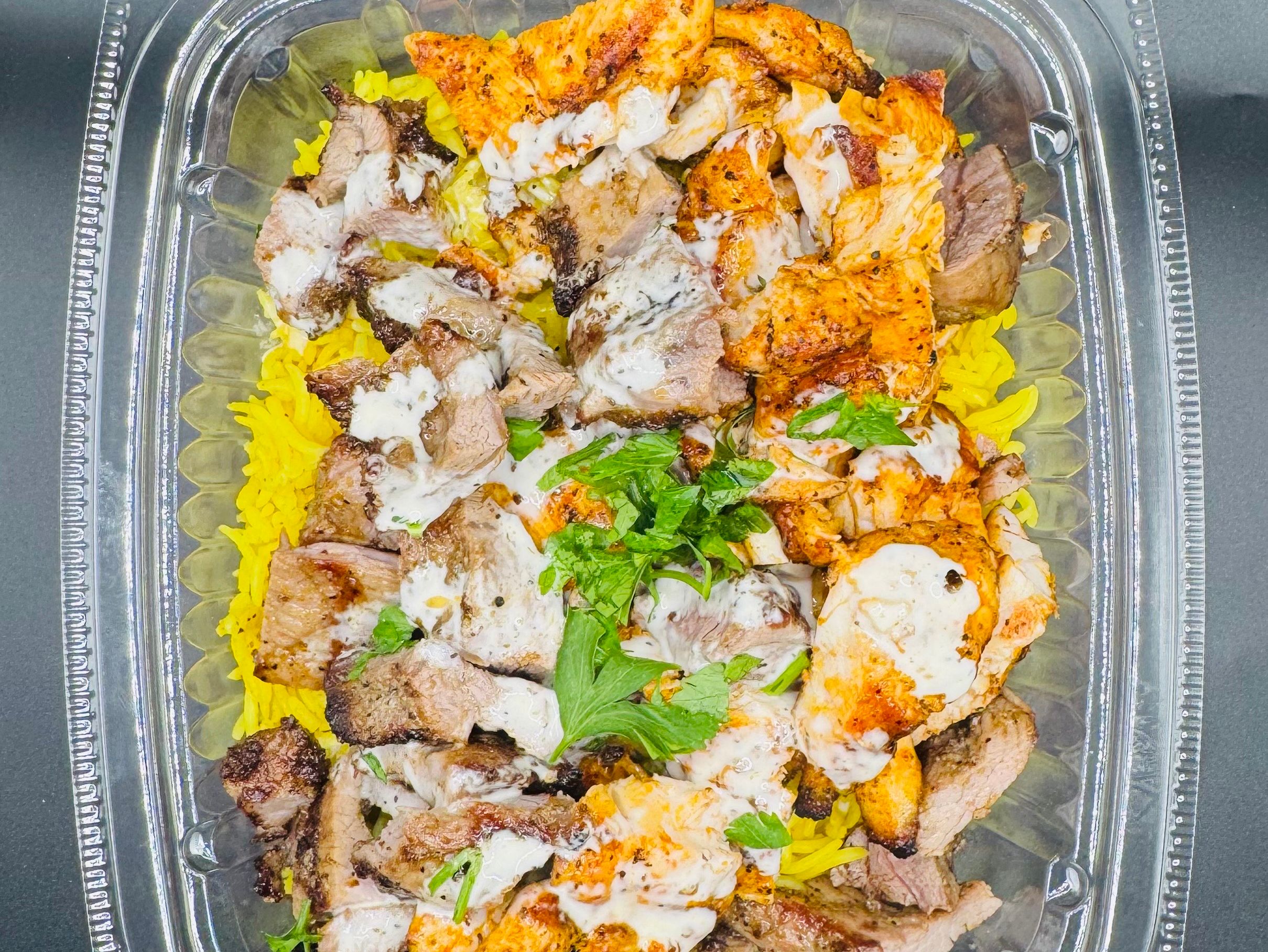 LAMB AND CHICKEN KABOB RICE BOWL.