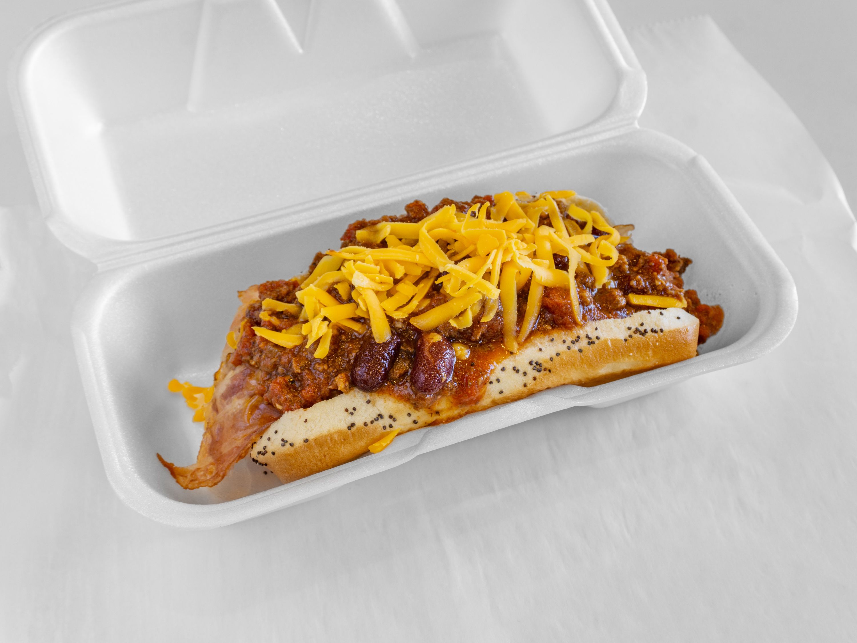Chili Bacon Cheese Dog.