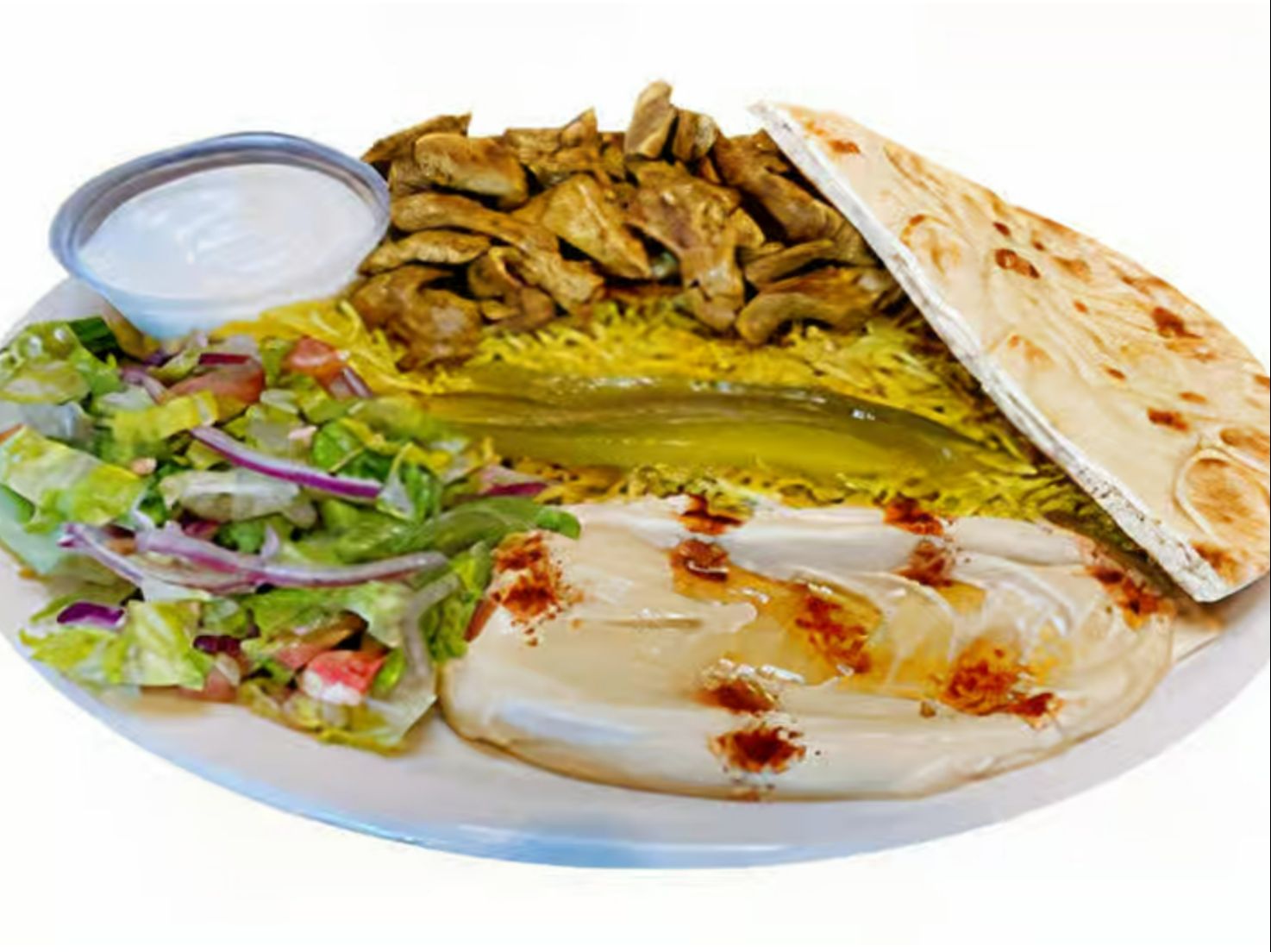 Rice Chicken Shawarma Plate & Garlic Sauce.