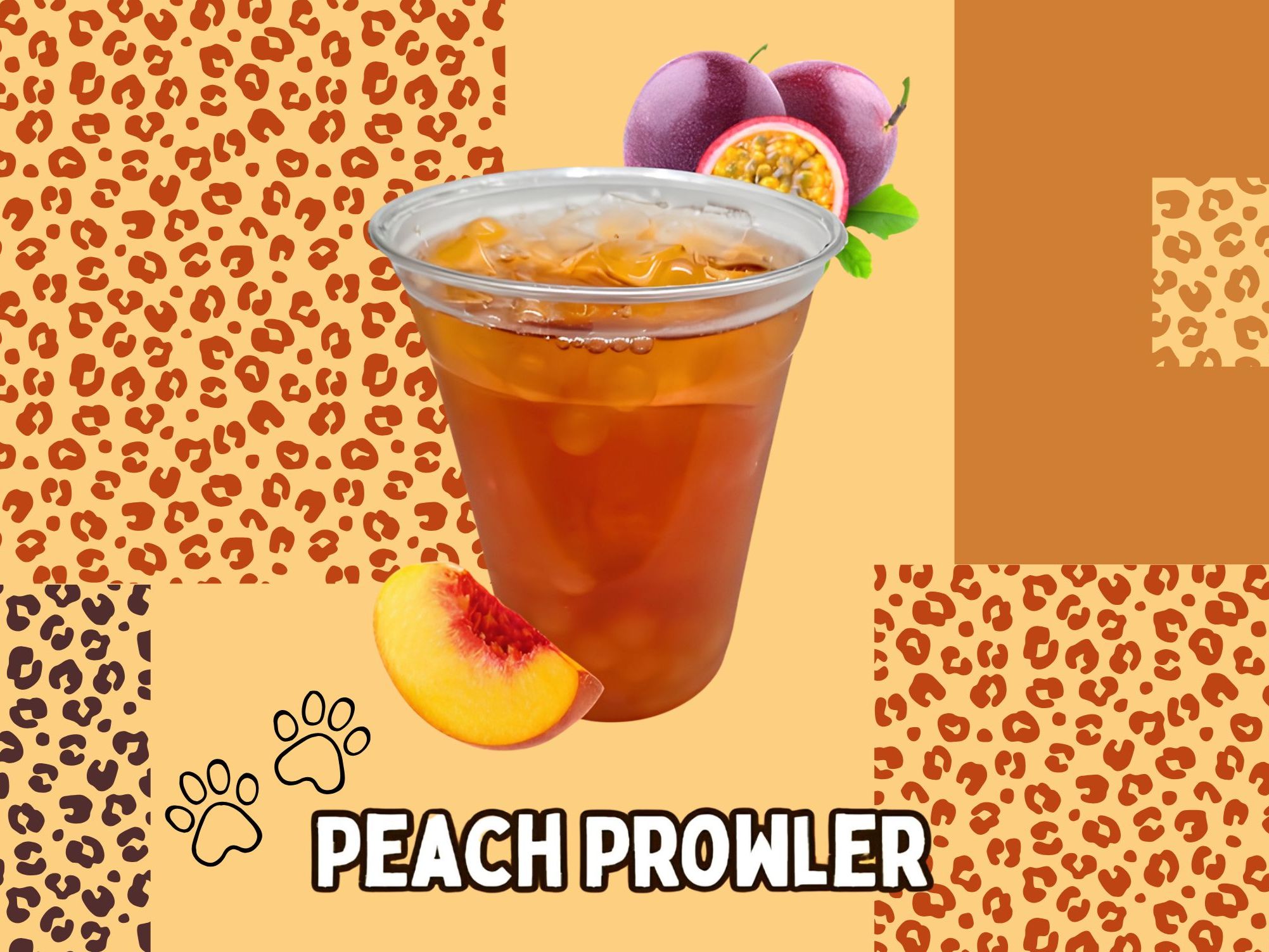 Peach Passion Prowler – Black Tea with Passion Fruit Boba.