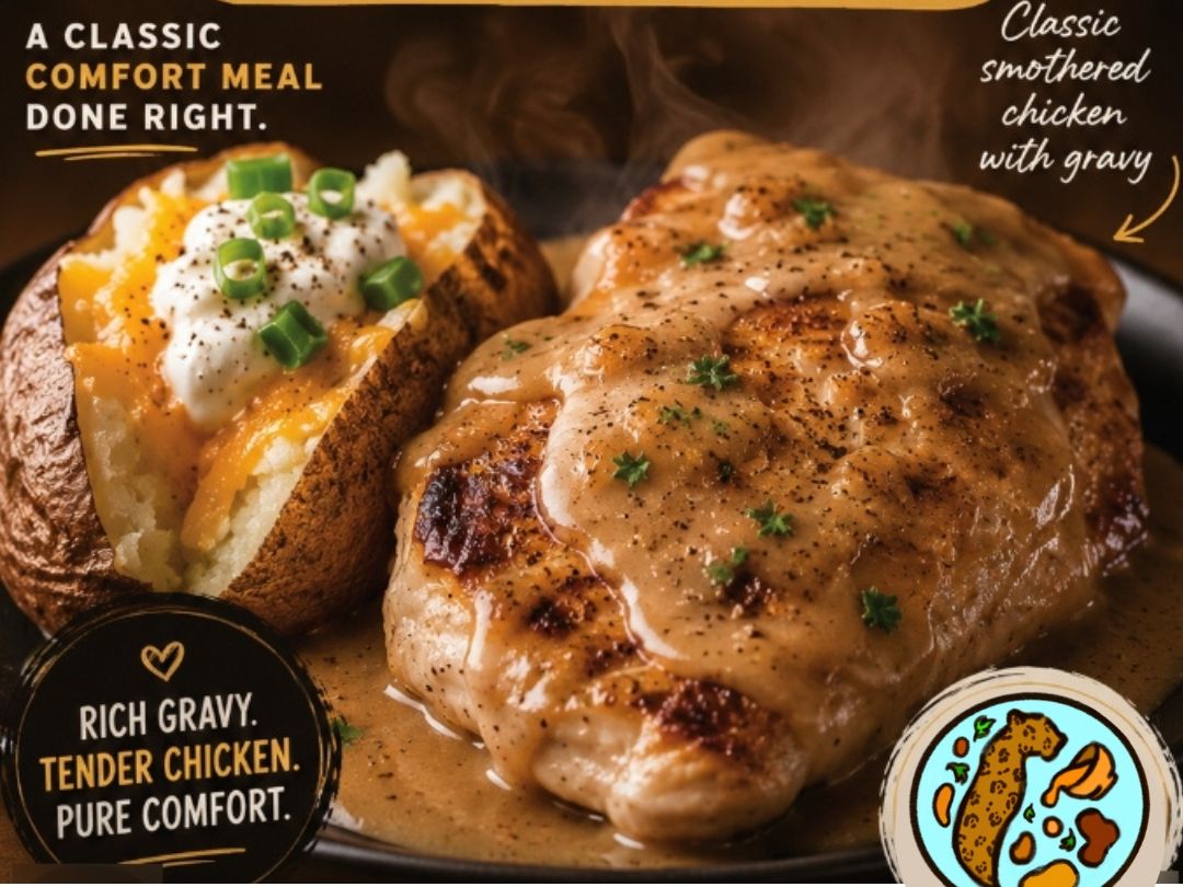 Smothered Chicken with Baked Potato.