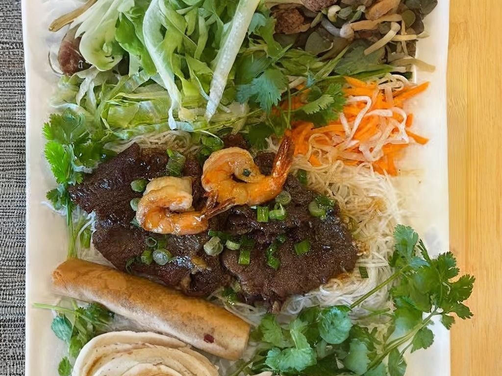 B85. Grilled Pork, Shrimp, Egg Roll.