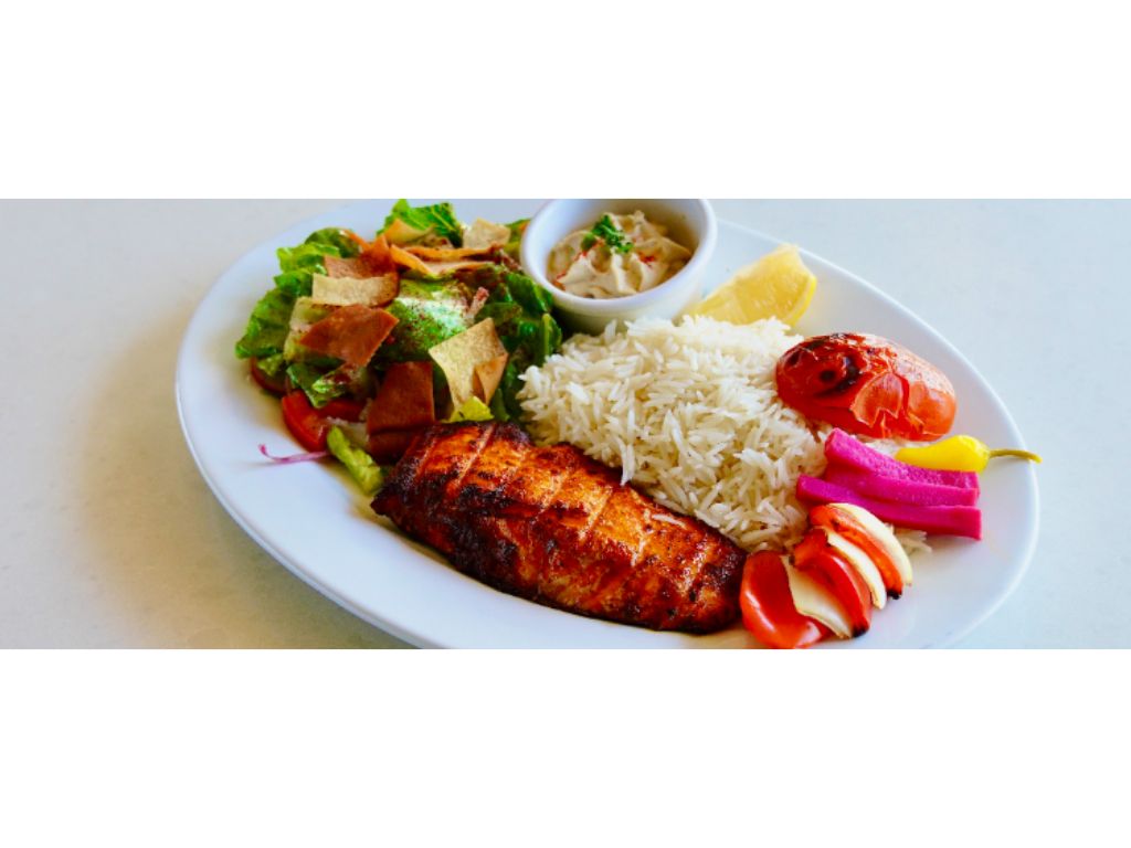 Spiced Salmon Kabob Plate.