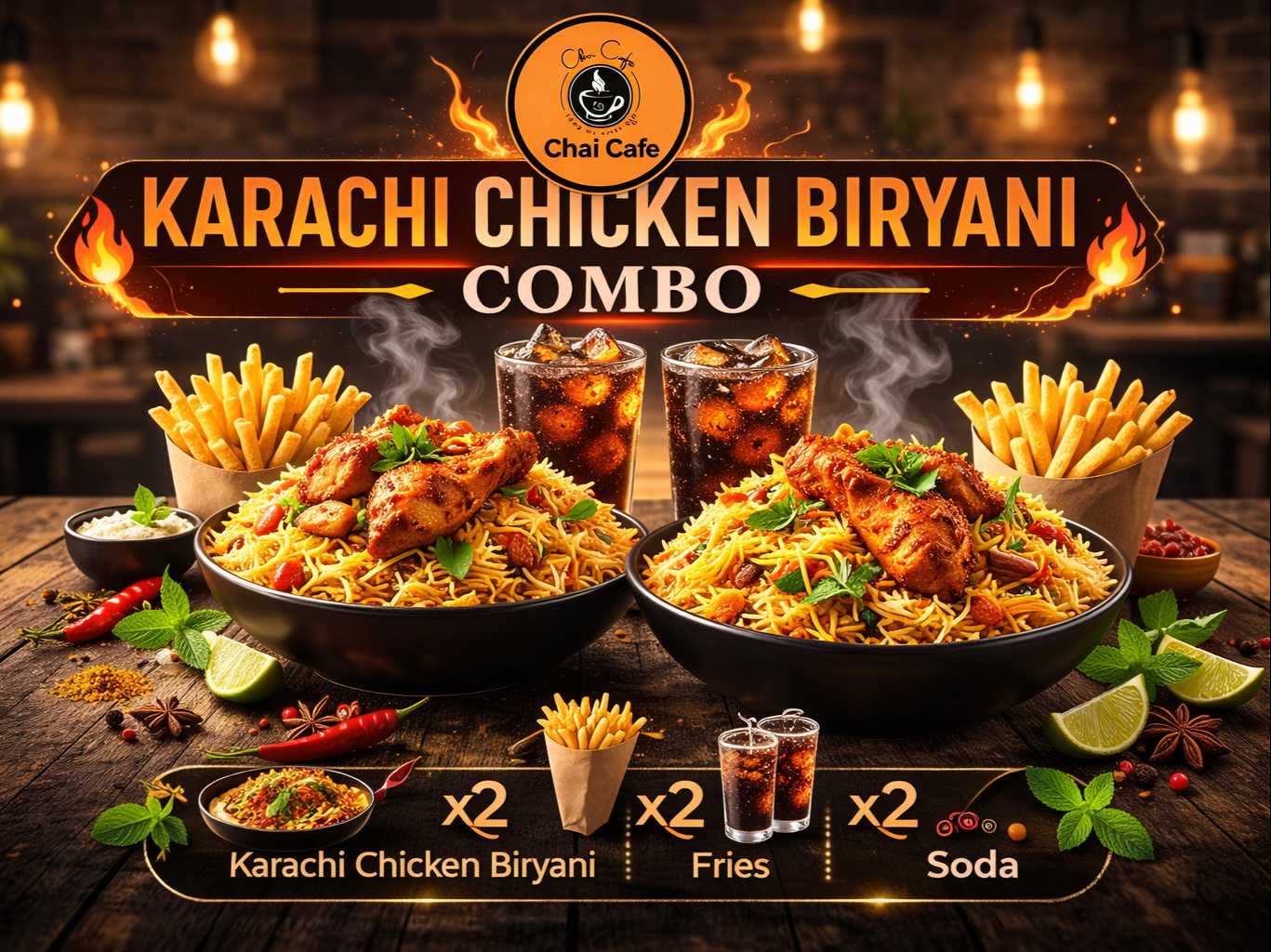2 Karachi Chicken Biryani, 2 Fries & 2 Soda
