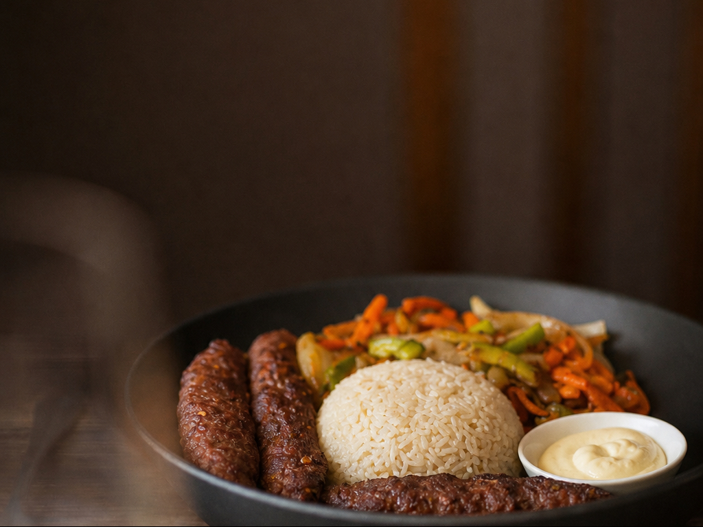 Chicken Kabab Rice Bowl (4 Pieces Chicken Seekh Kabab, Basmati Rice, Salad, Garlic Dip).