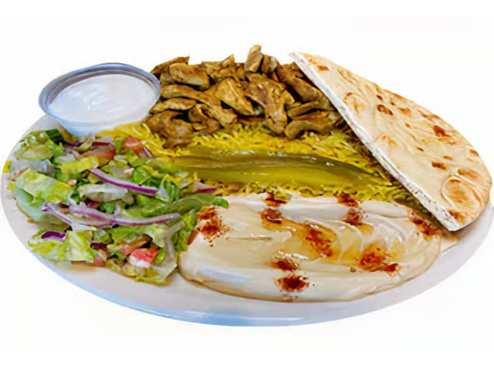 Rice Chicken Shawarma Plate & Garlic Sauce.