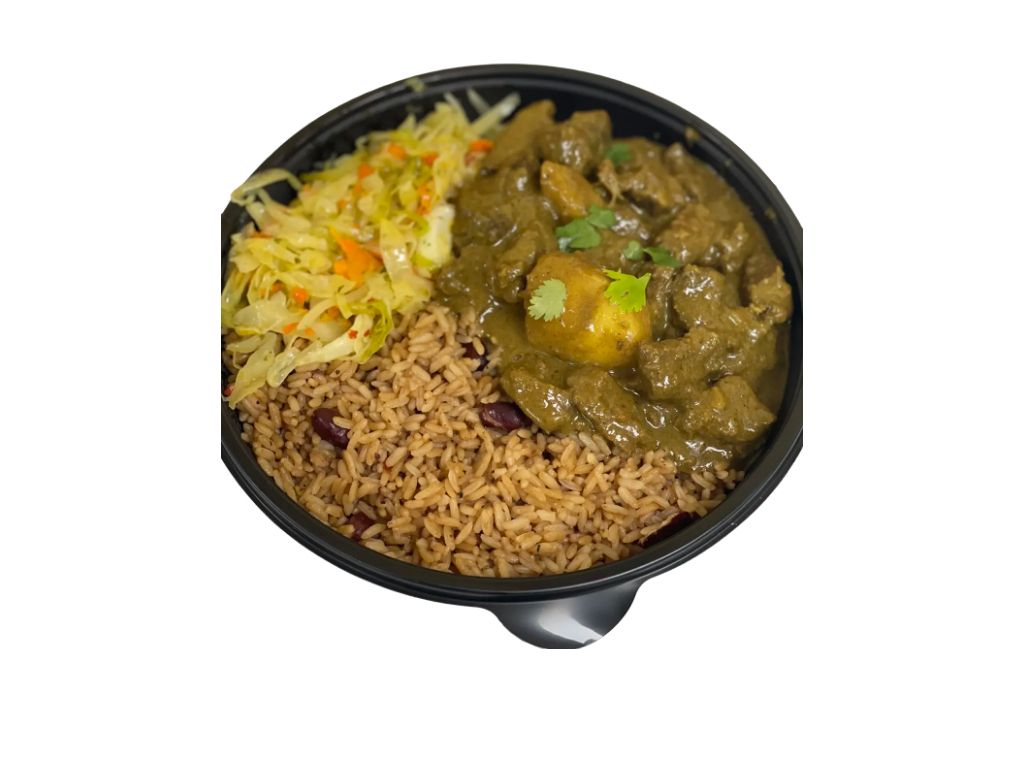 Curry Beef Rice & Beans, Cabbage.