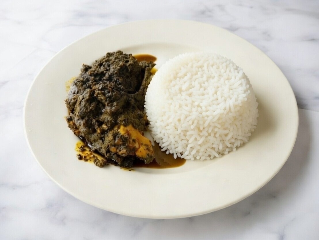 Cassava Leaf Served with Rice.