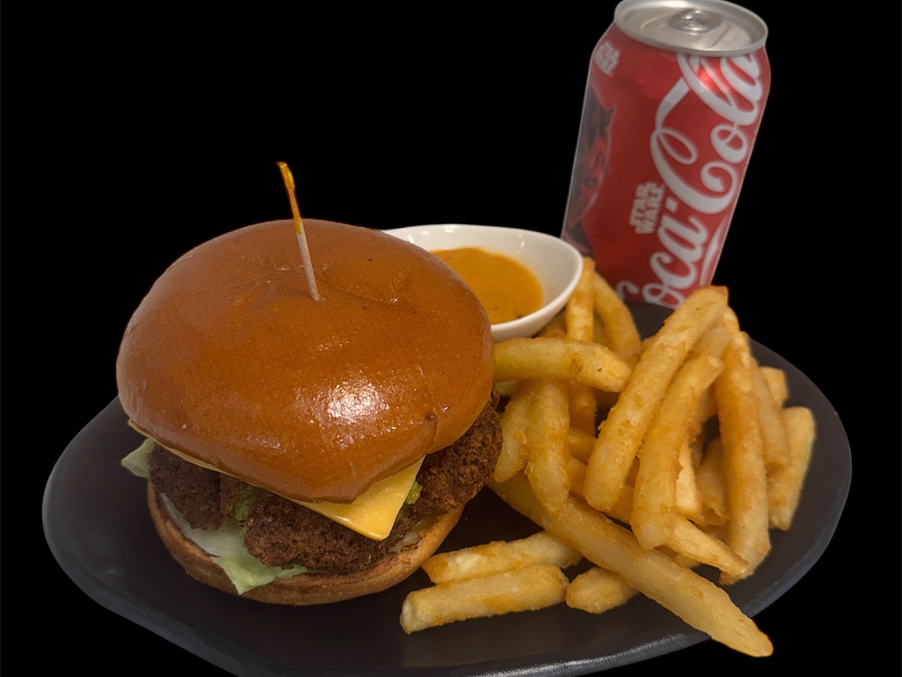 Sharjah Falafwl Burger With Fries & 12oz Soda Can(Falafel, Lettuce, Sauted Onion&Tomato, Cheese, Sharjah Sauce).