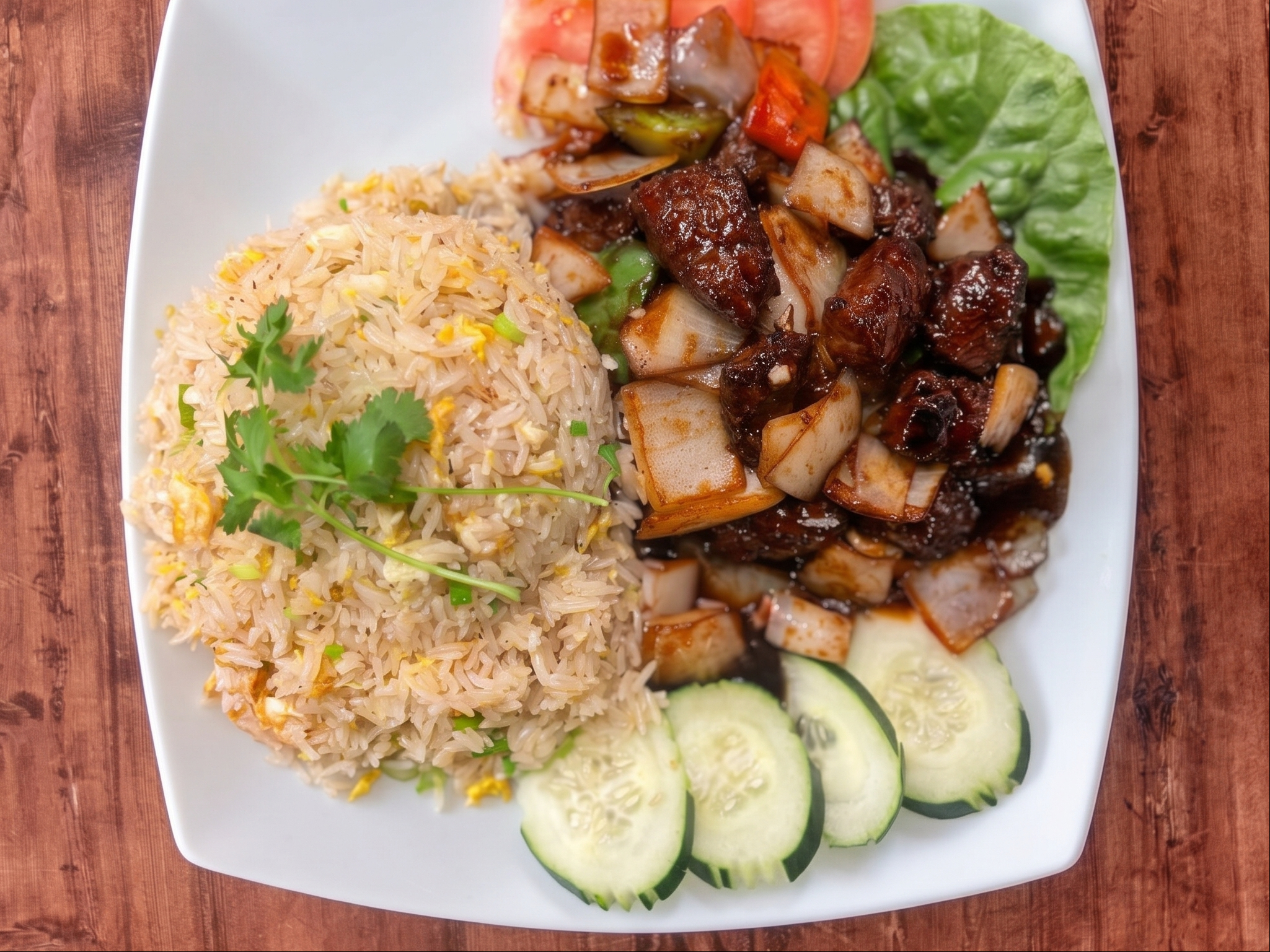 A_ Beef Shaken Steak Fried Rice/Com Chien Bo Luc Lac.