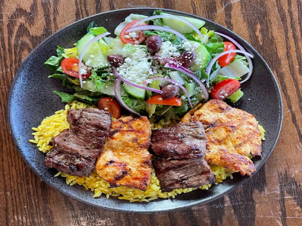 LAMB & CHICKEN COMBO KABOB PLATE.