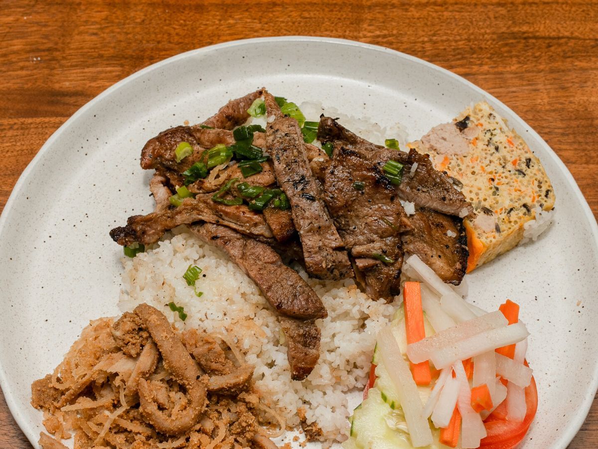 Rice Plate Pork, Bake Egg, Shredded Pork - Com Suon Bi Cha.
