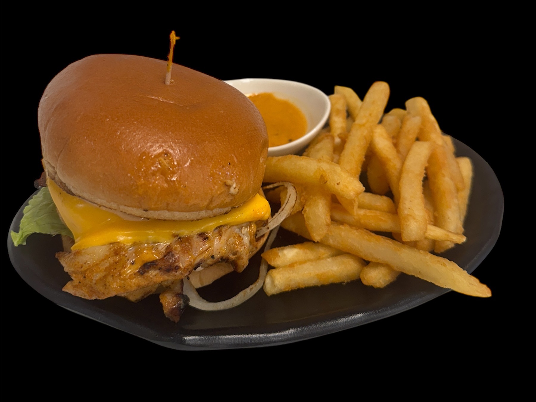 Grilled Chicken Burger ( Grilled Chicken Tender,Lettuce,onion,pickle,sharjah Sauce ).