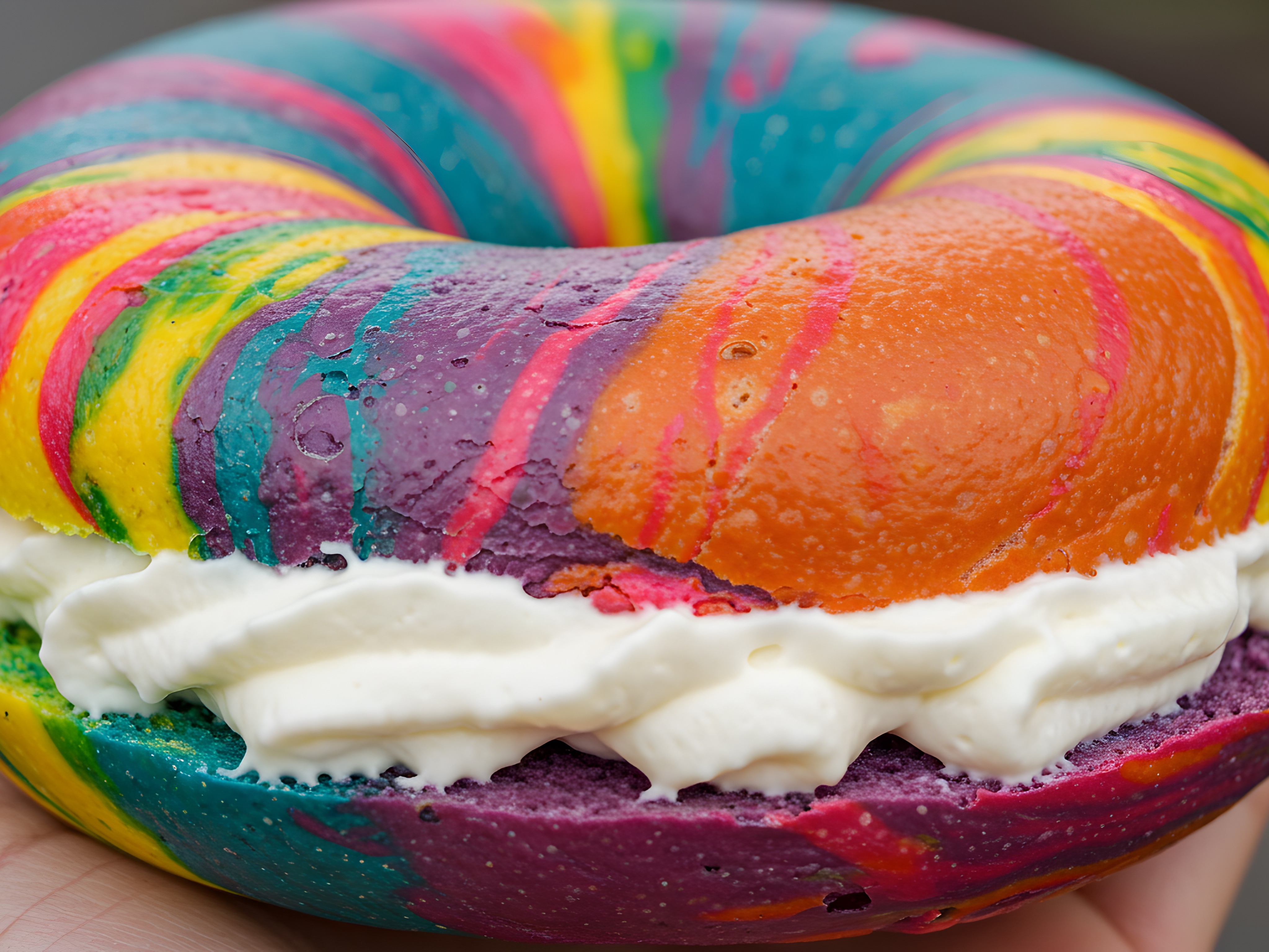 New Yorker Rainbow Bagel with Cream Cheese & Honey.
