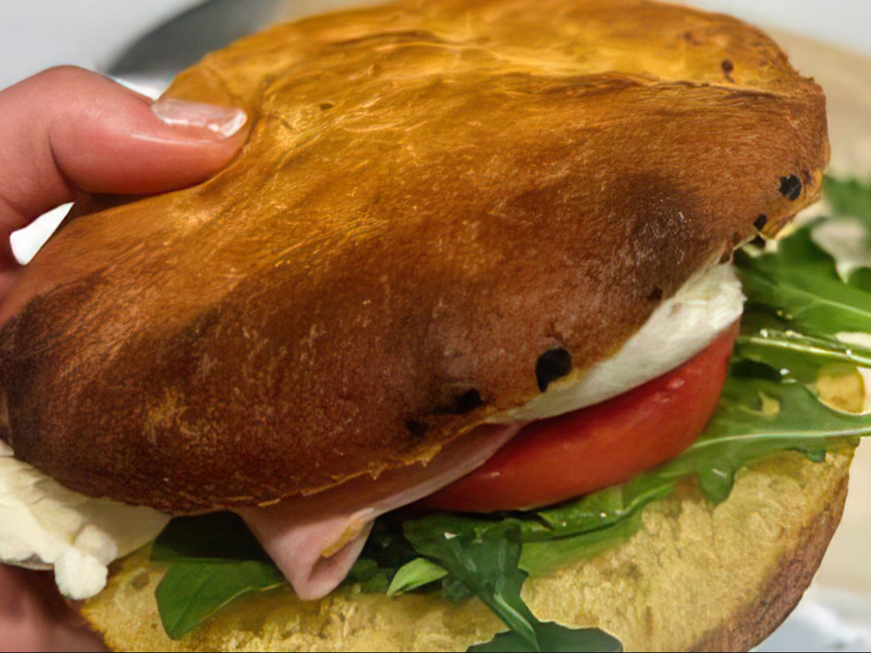 Focaccia Panino - Mortadella, Burrata, Tomato, Arugula , drizzle EVOO