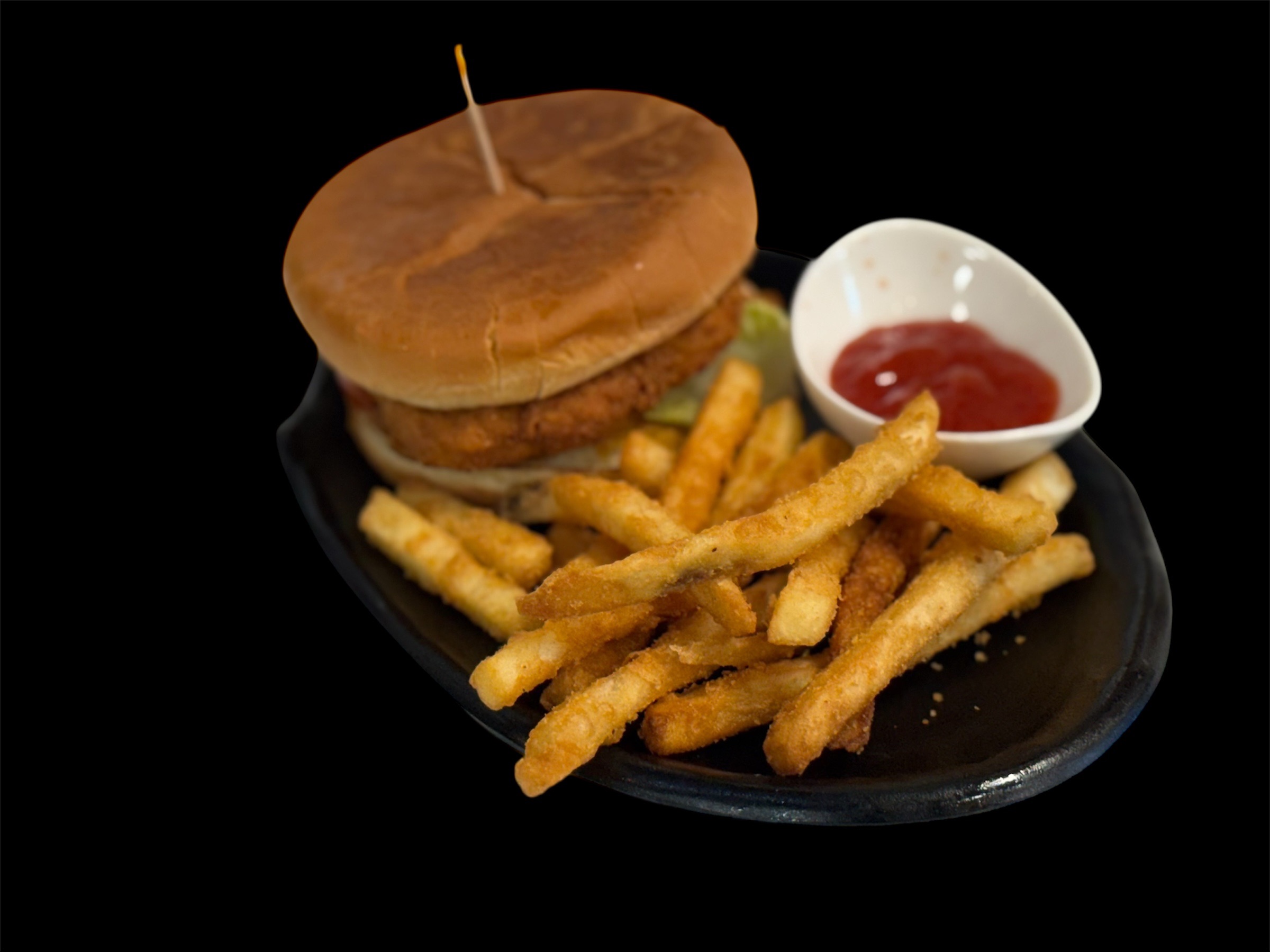 Fried Chicken Burger With Fries & 12oz Soda Can( Lettuce, Sauted Onion&Tomato, Cheese, Sharjah Sauce)