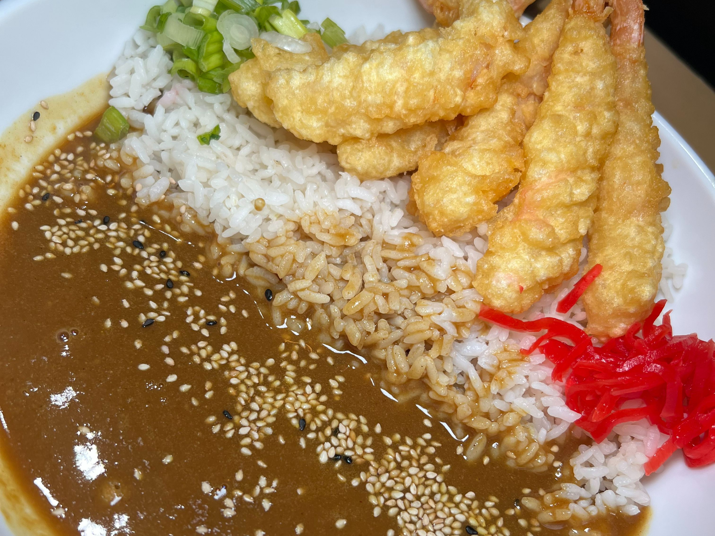 SHRIMP TEMPURA CURRY OVER RICE.