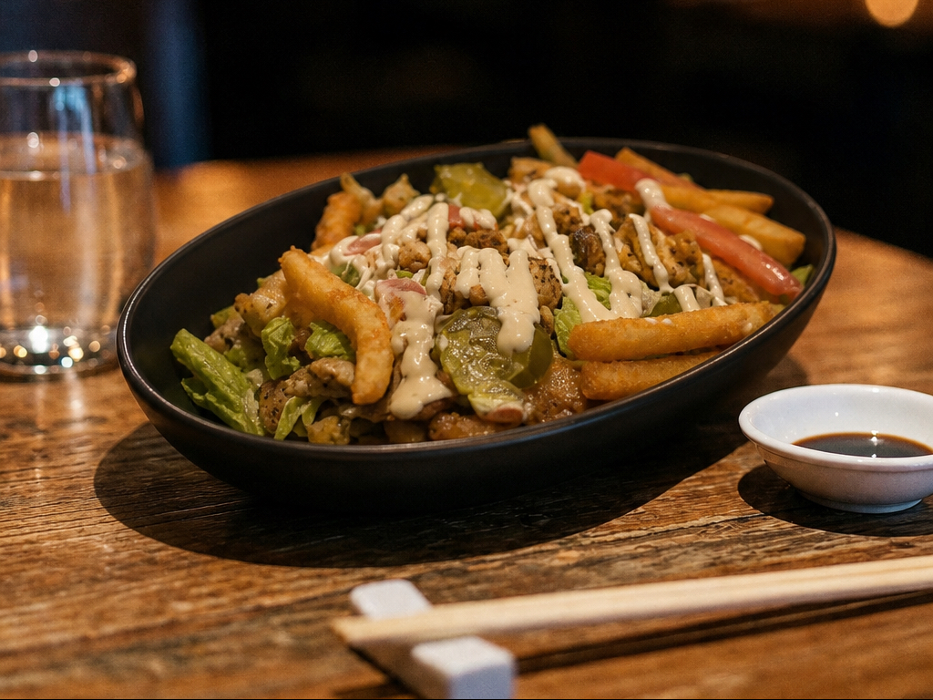 Fries Bowl With Grill Chicken(Lettuce, Jalapeno,Tomato,Onion,Garlic & Sharjah Sauce)