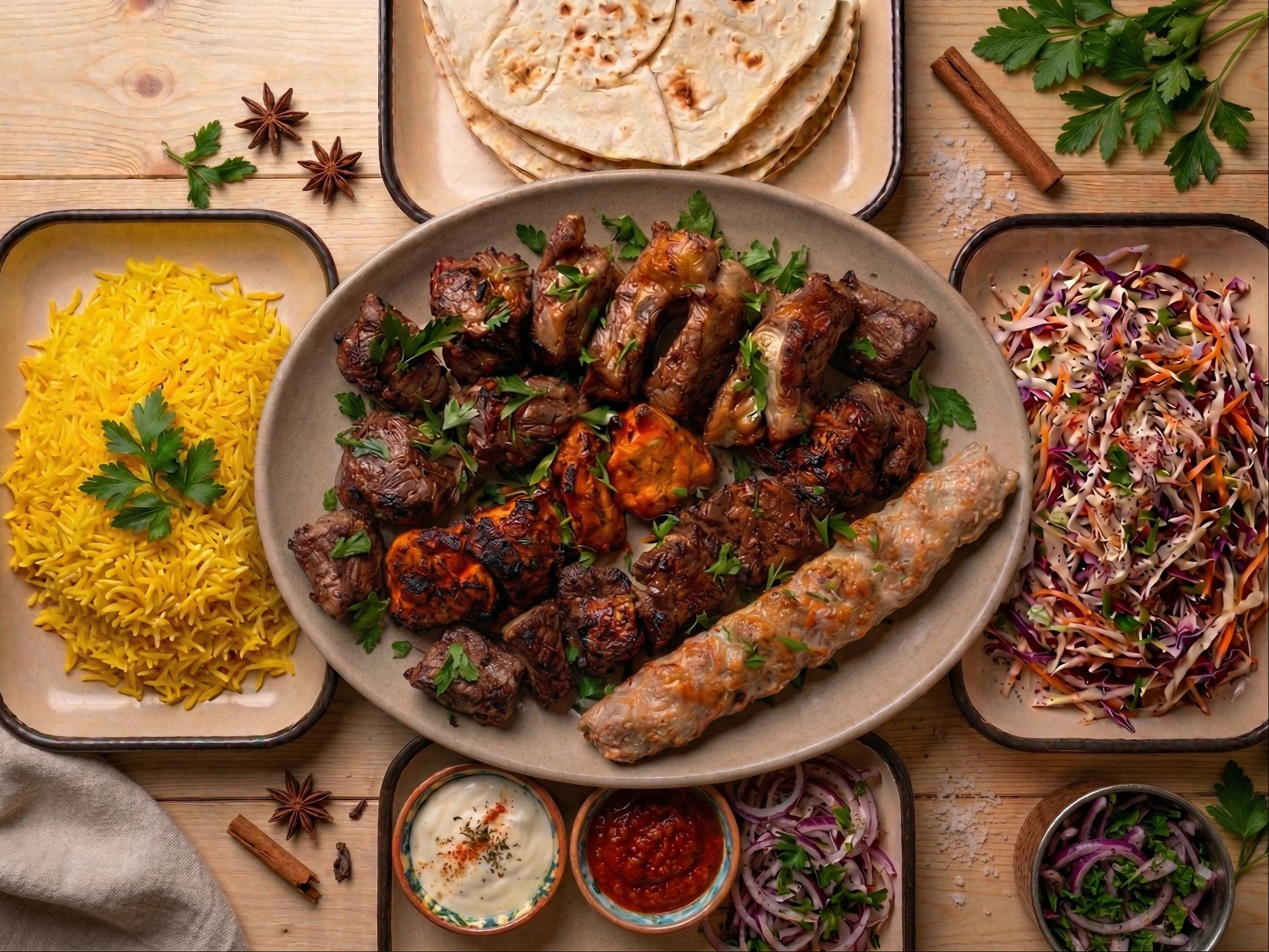 (4) Family Plate 5-6 people (3 Lula Koobideh Chicken, Lamb, Beef. 2 Chicken Thighs Kebab. 2 Lamb Kebab).