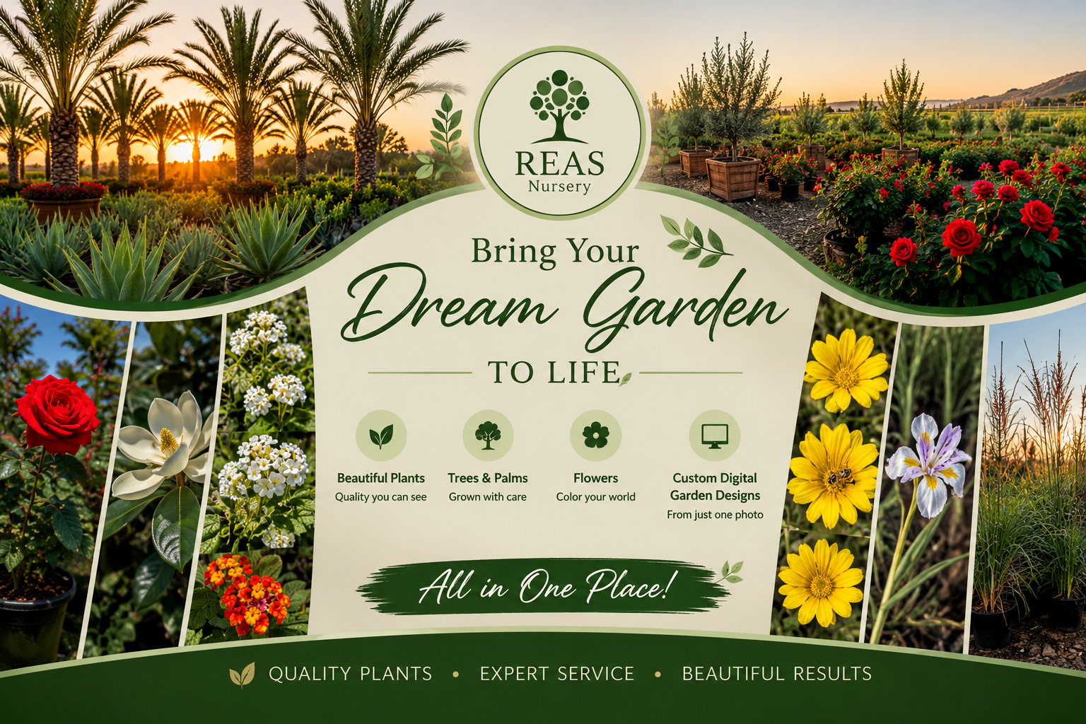 Welcome to REAS Nursery!
 Discover beautiful plants, trees, palms, flowers, and custom digital garden designs from just one picture — all in one place!