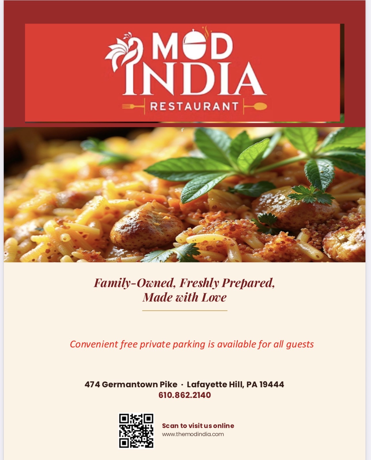 Welcome to Mod India! Enjoy authentic Indian cuisine made with fresh ingredients and traditional spices. Great food, friendly service, and free parking await you!
